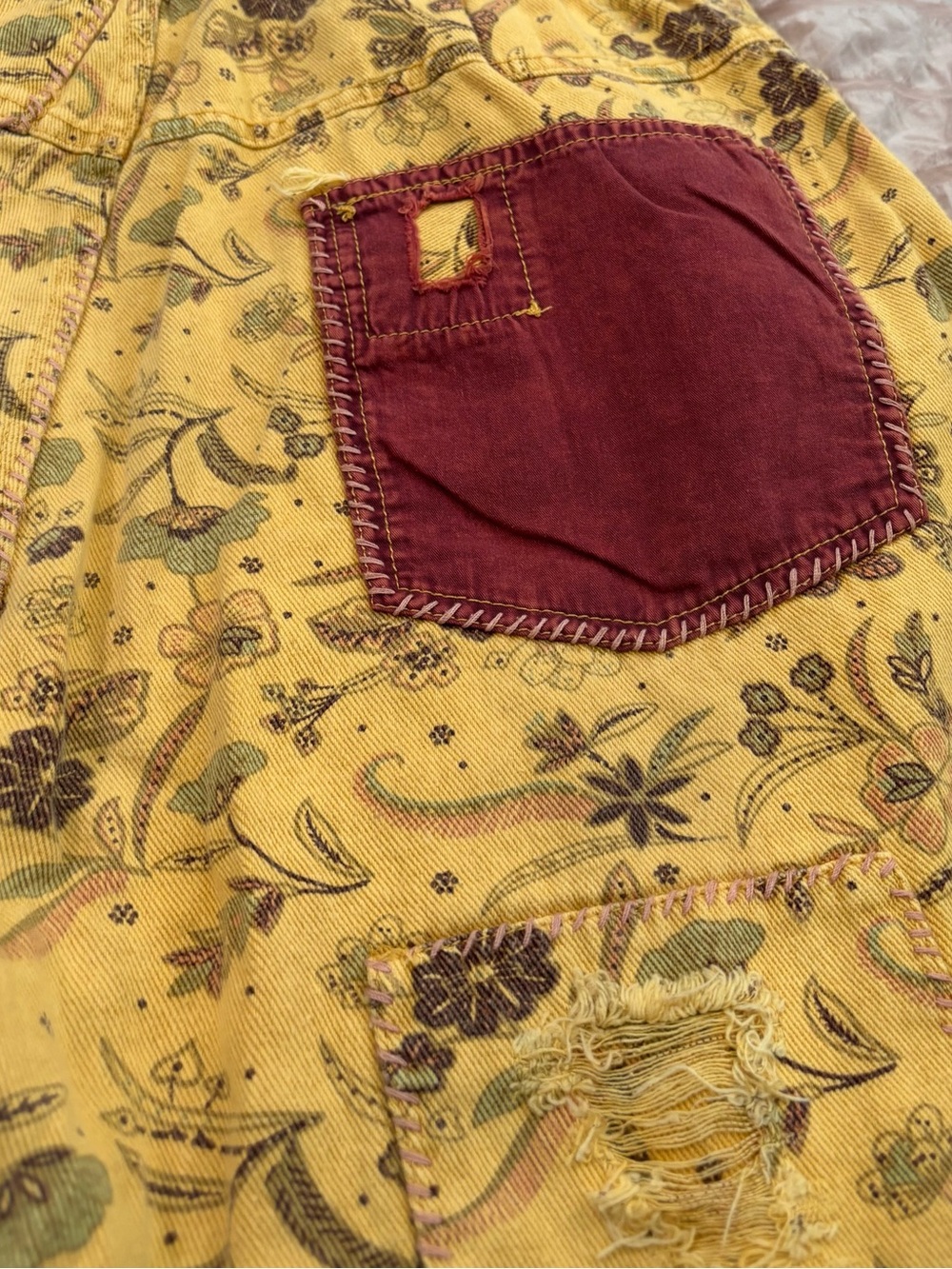 Blue Velvet Boho Patchwork Floral Distressed Cropped Pants S/M Cottagecore - Picture 6 of 7